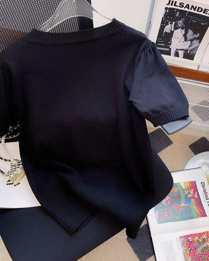 Stylish Black Anime Embroidered Short Sleeve Knit Tee for Women