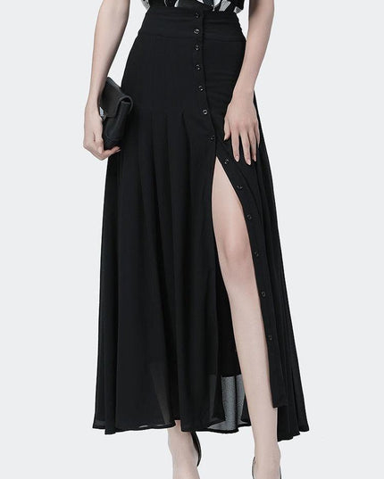 Chic High-Waisted Chiffon A-line Skirt with Stylish Button Slit