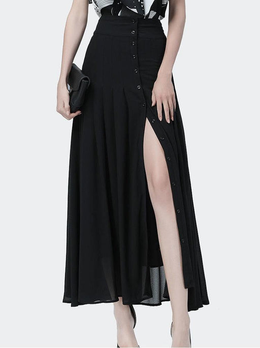 Exquisite High-Waisted Chiffon A-line Skirt with Seductive Button Slit