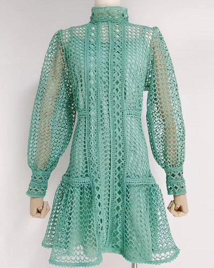 Elegant Lantern Sleeve Vintage Dress with Chic Stand Collar