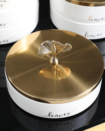 Elegant Ginkgo Leaf Ceramic Serving Tray with Stylish Metal Accents