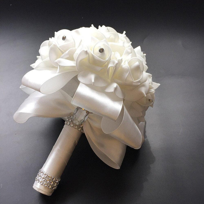 Wedding Bride Bouquet Artificial Roses with Silk Satin Ribbon Foam