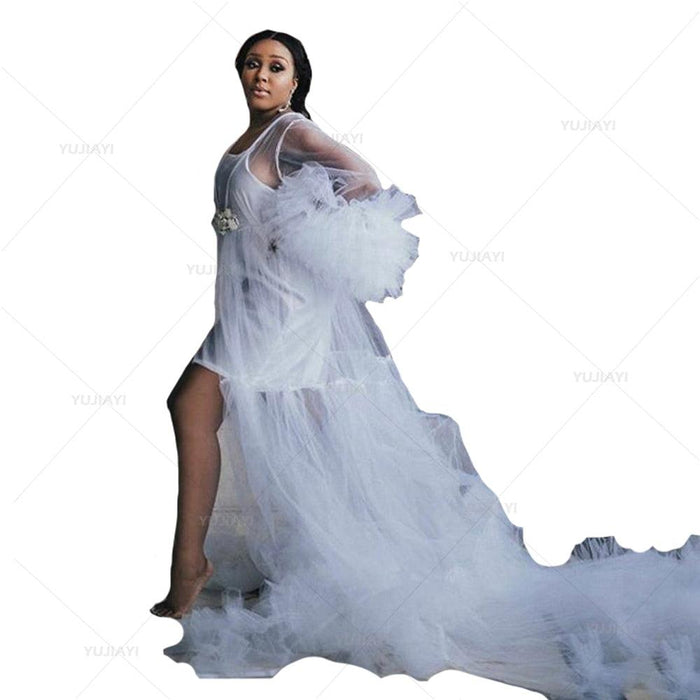 Women's Illusion Tulle Fluffy Long Bridal Boudoir Sleepwear Nightgown Bathrobe Wedding Scarf Maternity Dress Photoshoot