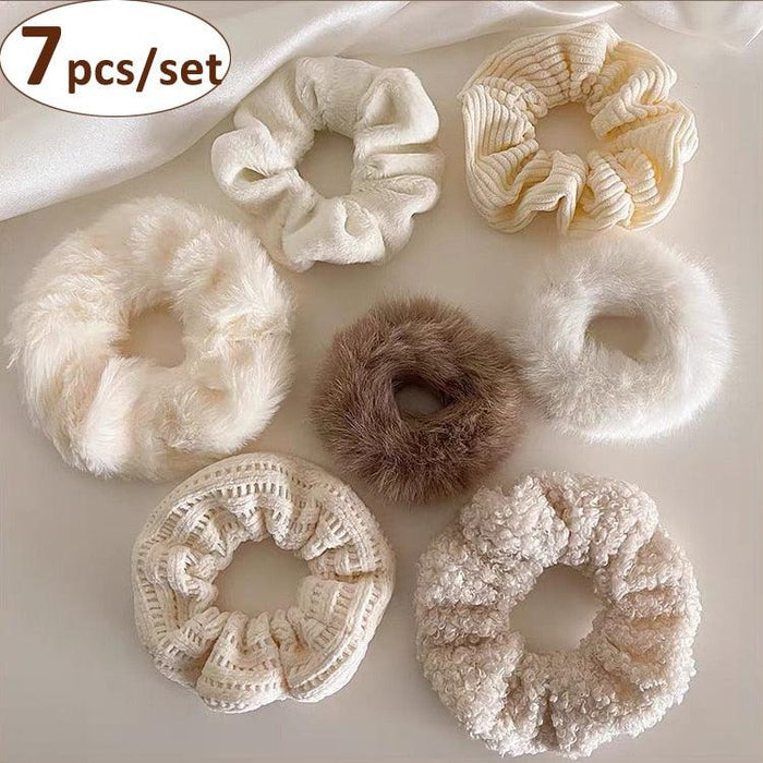 Winter Velvet Plush Scrunchies Set - 7-Piece Elastic Hair Bands Variety Pack