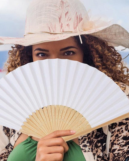 Elegant White Bamboo Handheld Fans - Premium Paper Fans Set for Weddings and Events