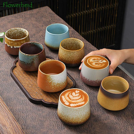 European Artisanal Tea Cup Set with Kiln-Fired Nature Motifs and Unique Glazing