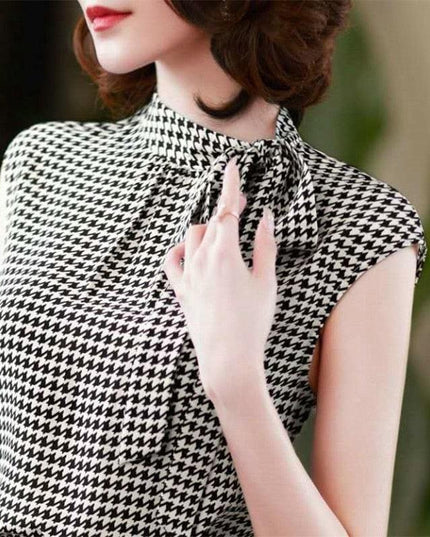 Elegant Bow-Accent Vintage Plaid Chiffon Blouse