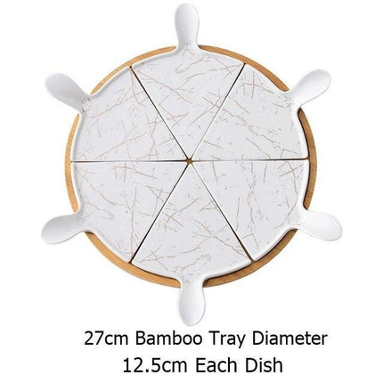 Elegant Stone-Textured Ceramic Cake Serving Set with Bamboo Tray