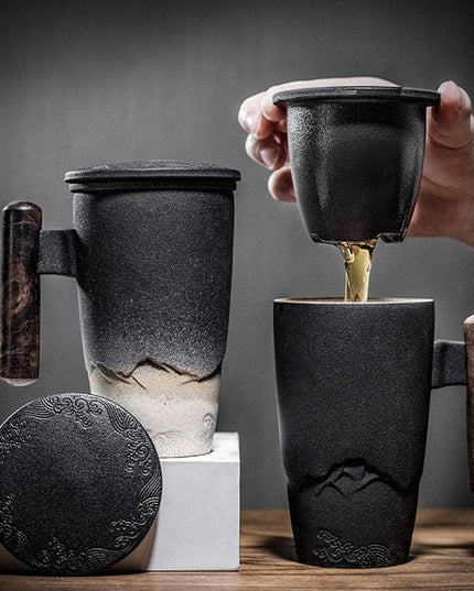 Elegant Zen Ceramic Mug Set with Wooden Handle & Infuser Lid - Ideal for Tea & Coffee Enthusiasts