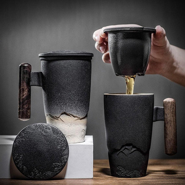 Elegant Zen Ceramic Mug Set with Wooden Handle & Infuser Lid - Ideal for Tea & Coffee Enthusiasts