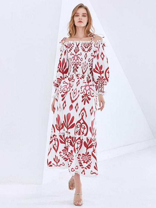 Contemporary Elegance with Retro Print Off-Shoulder Dress