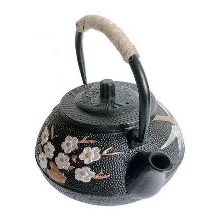 Elegant Japanese Cast Iron Tea Kettle Set with Plum and Bamboo Design - Complete Tea Serving Collection