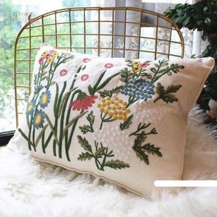 Chic European Garden Floral Embroidered Cotton Cushion Cover - Classic Home Decor Accent