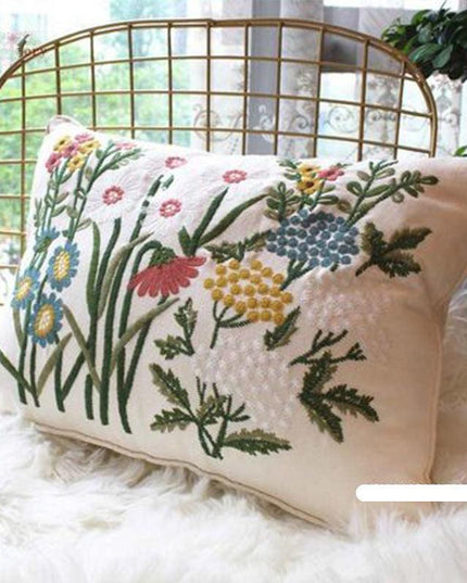 Chic European Garden Floral Embroidered Cotton Cushion Cover - Classic Home Decor Accent