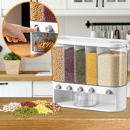 Sleek Wall-Mounted 5-Grid Rice Dispenser - 12L Capacity in Elegant White