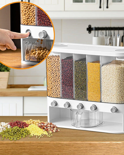 Sleek Wall-Mounted 5-Grid Rice Dispenser - 12L Capacity in Elegant White