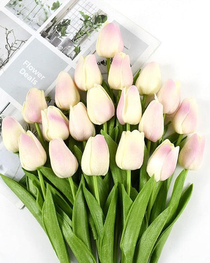 Charming Yellow and White Realistic Tulip Bouquet - Set of 10 Lifeslike Flowers for Any Occasion