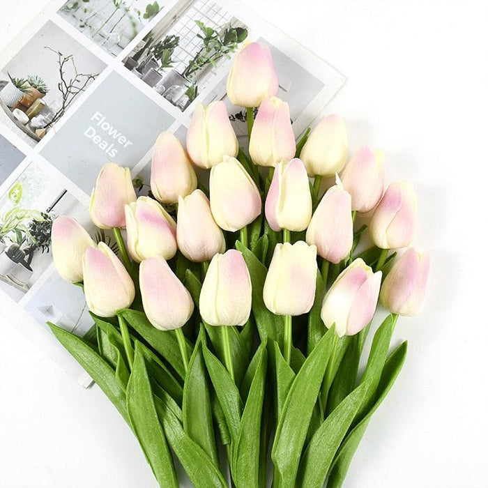 White and Yellow Real Touch Tulip Bouquet - Set of 10 for Effortless Elegance