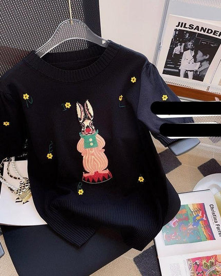 Stylish Black Anime Embroidered Short Sleeve Knit Tee for Women