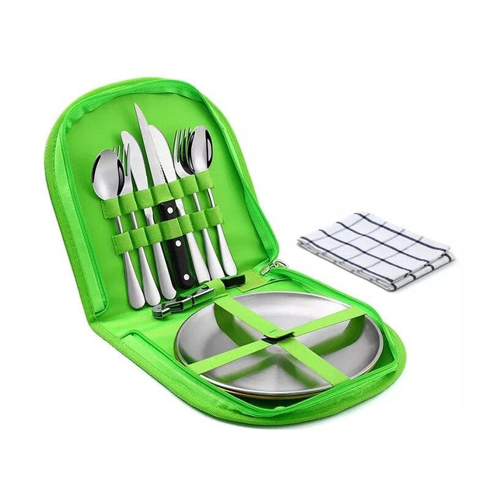 Stainless Steel Camping Tableware Set with Picnic Cloth Plate Kit