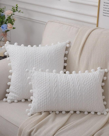 Chic Nordic White Cotton Pompom Pillow Cover - Luxurious Home Decor Accent