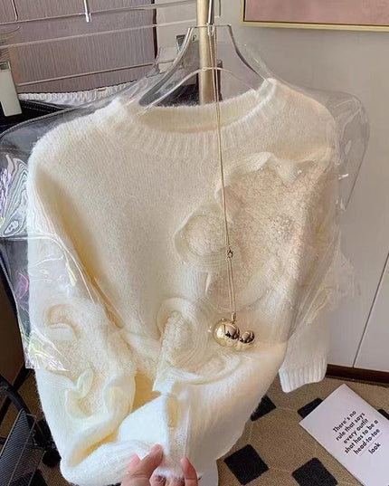 Floral Elegance Cozy Knit Pullover: Korean-Inspired Fashion for Autumn-Winter