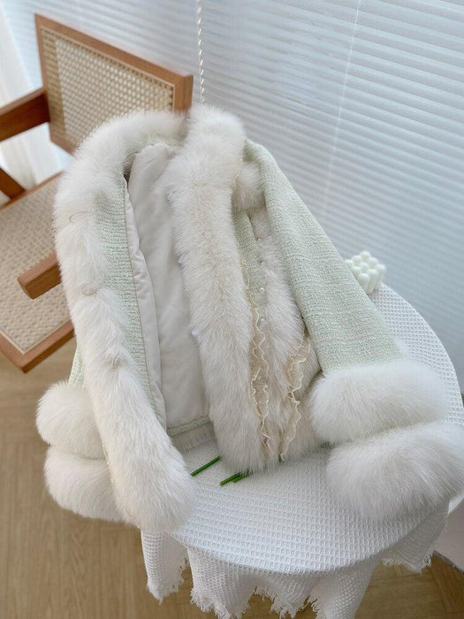 Elegant Winter Fox Fur Coat with Delicate Lace Splice