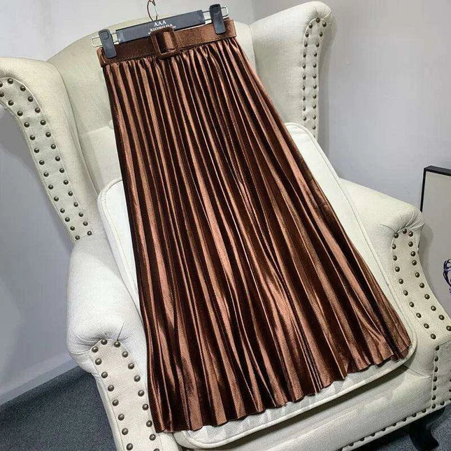 Seoul Elegance: Opulent Velvet Pleated Skirt Set with Chic Belt