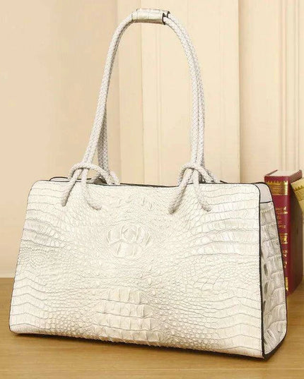 Elegant White Crocodile Textured Leather Tote Bag - Spacious and Stylish Design