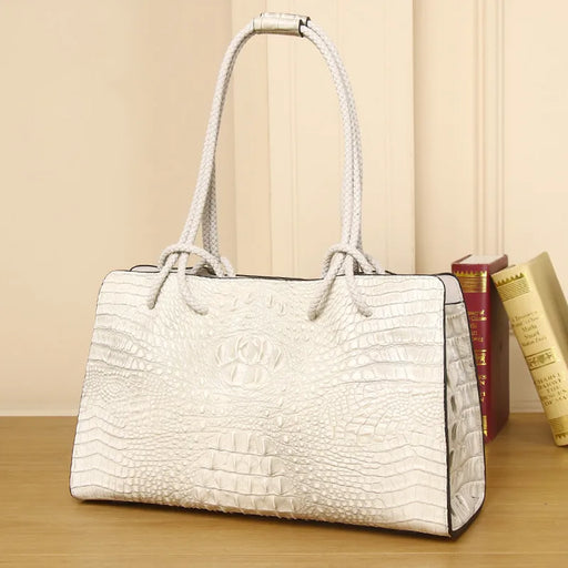 White Crocodile Pattern Leather Tote Bag - Elegant Handbag with Spacious Interior