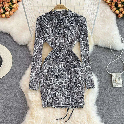 Sophisticated Ruched Leopard Print Bodycon Mini Dress with Elegant Stand Collar - Foamlina Luxe Collection