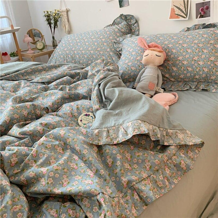 100% Cotton Floral Print Ruffle King Size Bedding Set for Tweens and Teens