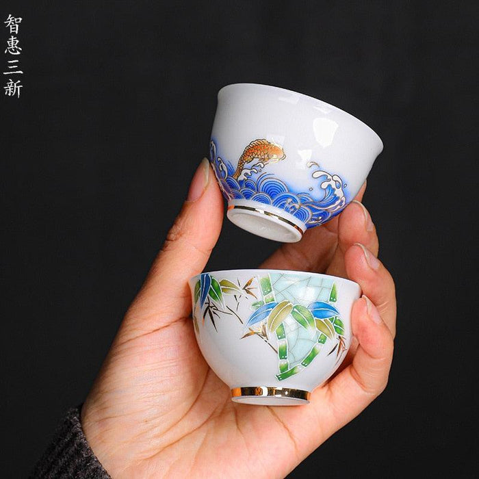 Crane Emblem White Porcelain Tea Cup - Symbolizing Longevity