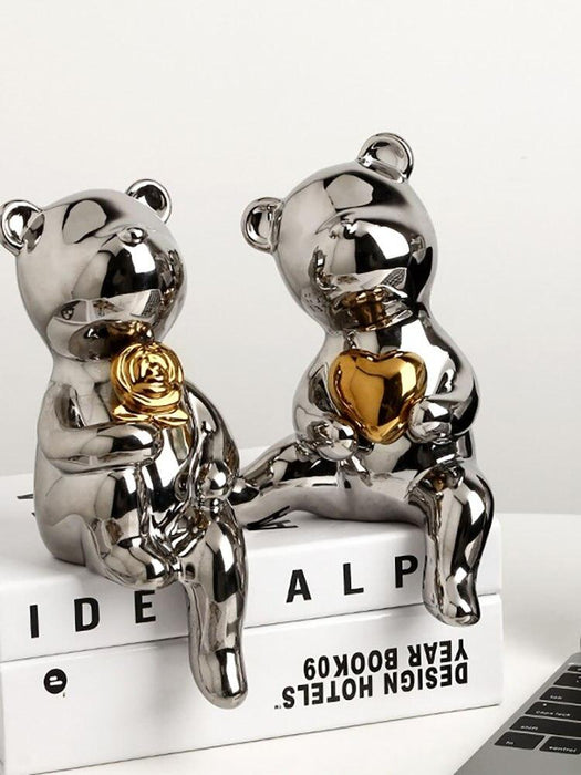 Nordic Style Ceramic Bear Figurine Set for Home Decor with Silver, White, and Yellow Options
