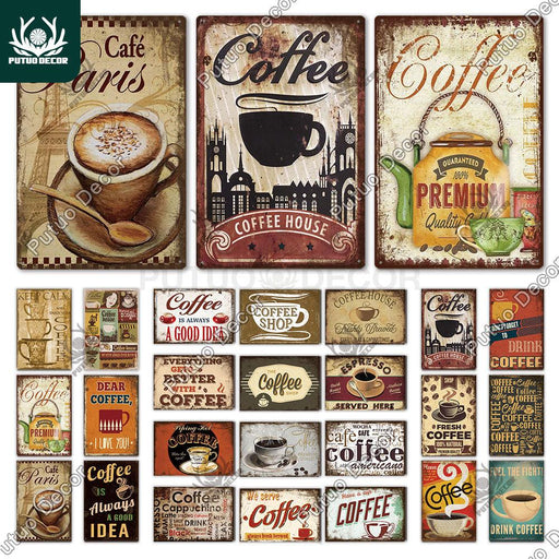 Retro Coffee Metal Wall Plaque with Vintage Distressed Style for Kitchen, Cafe, or Bar