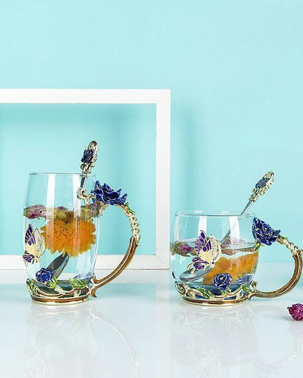 Elegant Blue Rose Enamel Crystal Tea Mug - Perfect for Special Celebrations