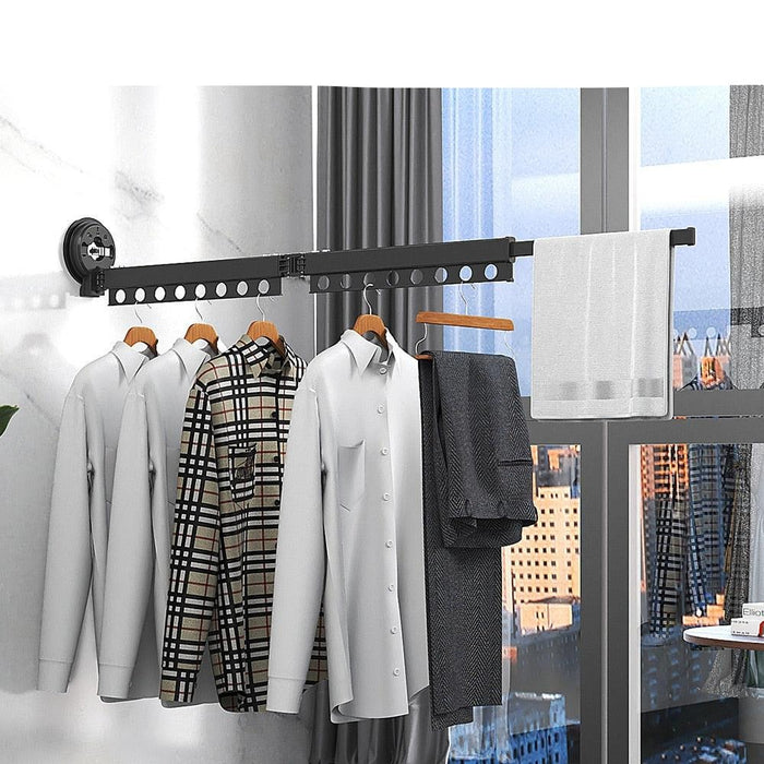 Luxury Aluminum Foldable Clothes Hanging Rack with Elegant Black Wall Mount and Suction Cup Installation
