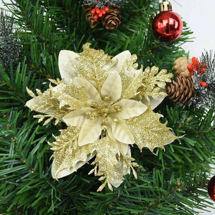 Luxe Golden Red Sparkling Flower Ornaments for a Glamorous Christmas Tree Decor