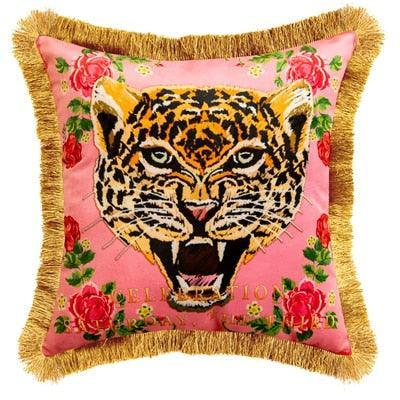 Chic Reversible Velvet Cushion Cover Featuring Pink Leopard and Tiger Print - Stylish Accent for Modern Decor