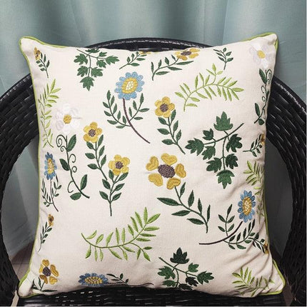 Chic European Garden Floral Embroidered Cotton Cushion Cover - Classic Home Decor Accent
