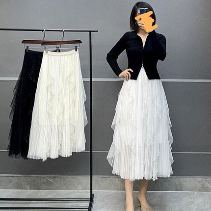 Elegant Pearl-Embellished Korean Party Skirt with High Elastic Waist