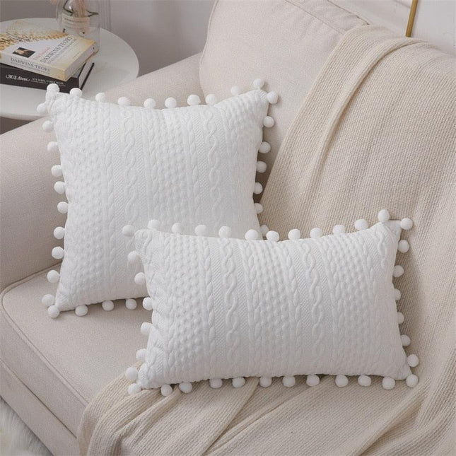 Chic Nordic White Cotton Pompom Pillow Cover - Luxurious Home Decor Accent