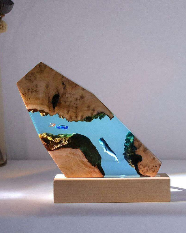 Illuminated Coastal Diver Resin & Wood Art with USB Night Light - Unique Ocean Decor