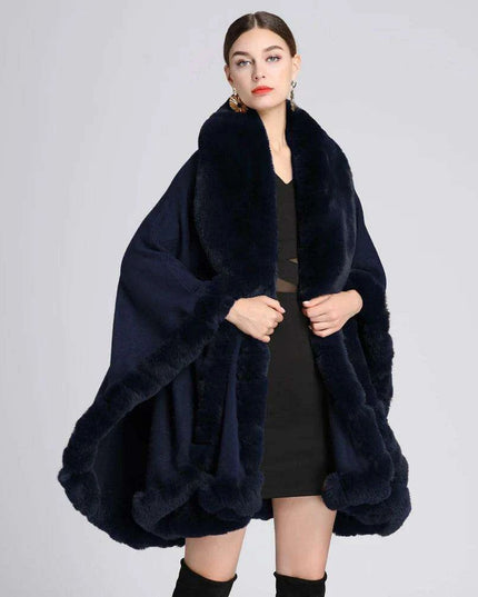 Opulent V Lapel Faux Rex Rabbit Fur Winter Cape for Women