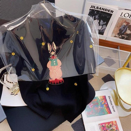 Stylish Black Anime Embroidered Short Sleeve Knit Tee for Women