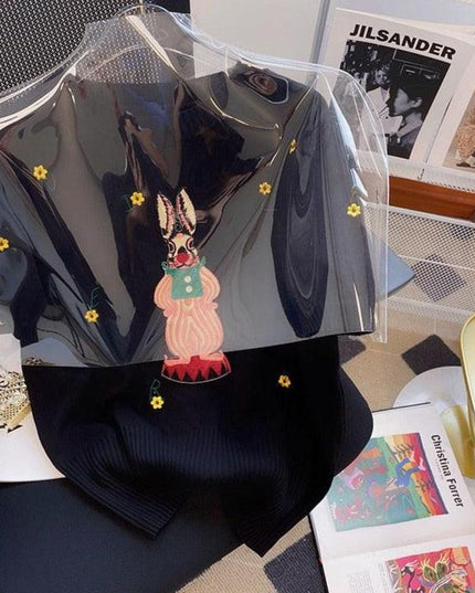 Stylish Black Anime Embroidered Short Sleeve Knit Tee for Women