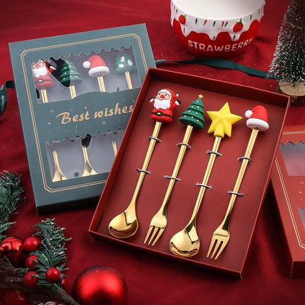 Santa's Joyful Holiday Silverware Duo - Cheerful Spoon and Fork Set for Festive Feasts