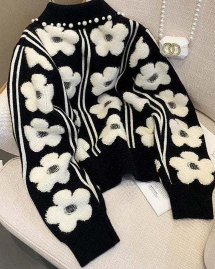 Vintage Pearl-Embellished Knit Pullover - Chic Autumn Sweater for Women