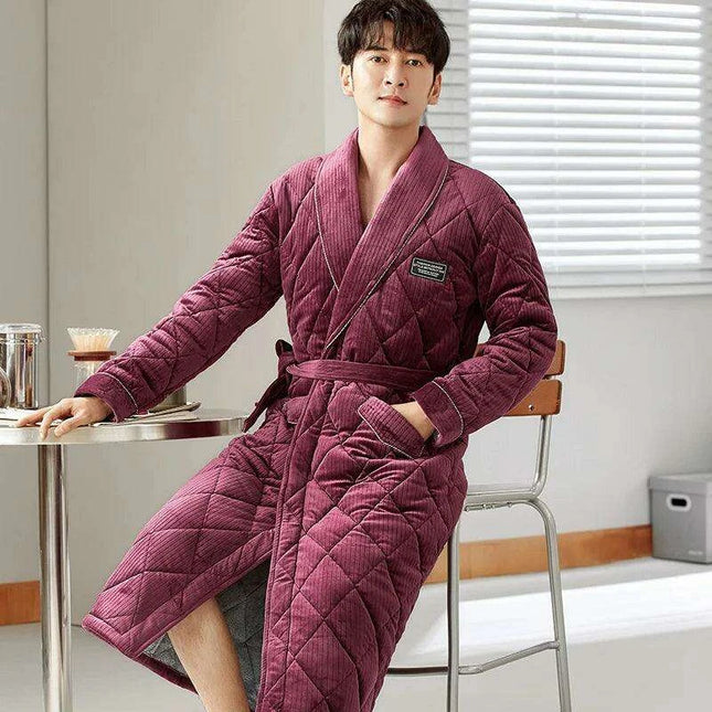 Luxurious Men's Triple-Layer Velvet Quilted Robe - Ultimate Warmth and Elegance