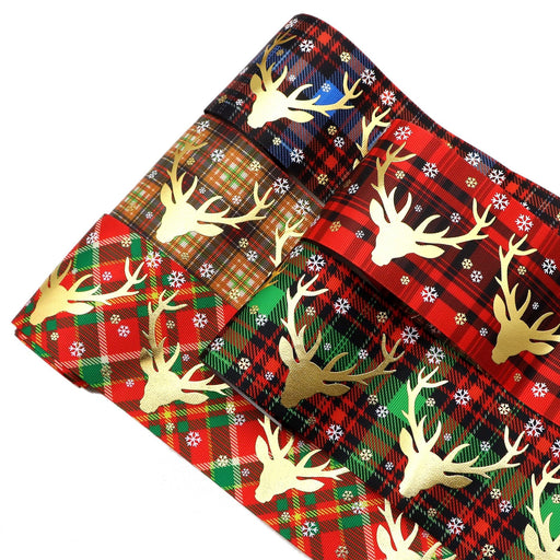 50 yards of 75mm Christmas Snowflake Deer Print Gold Foil Grosgrain Ribbon - Très Elite